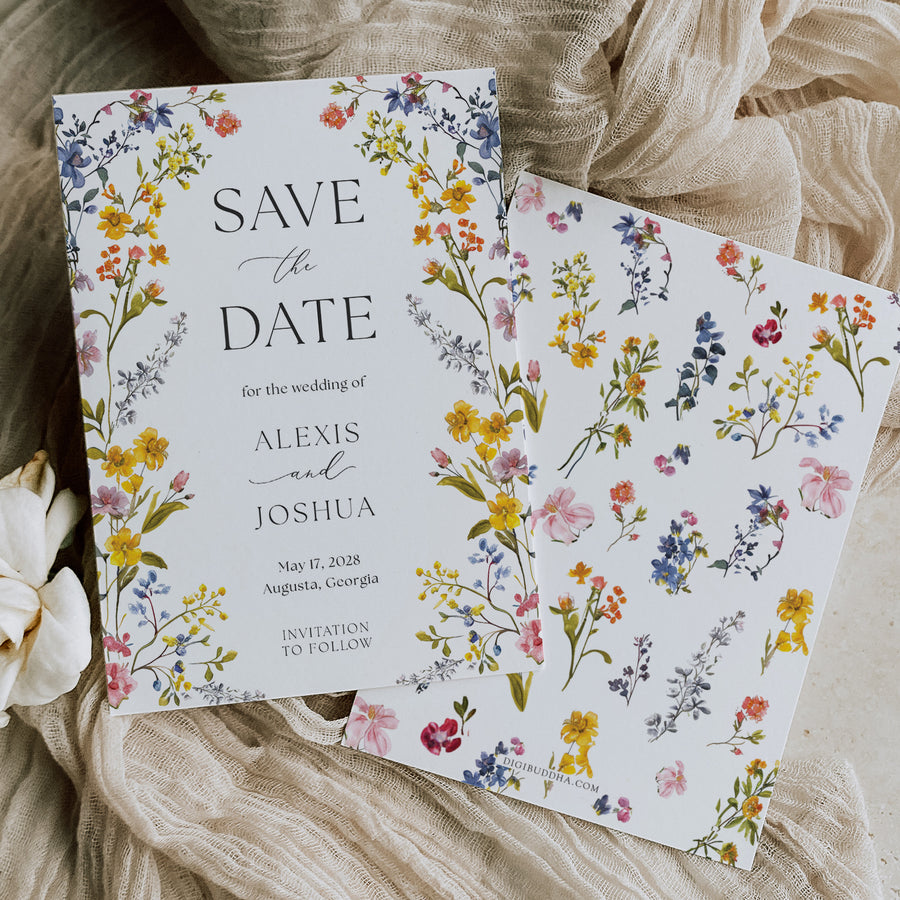 Elegant Save the Date card with boho floral design, including summer wildflowers in yellow, purple, and blue, perfect for garden wedding announcements.