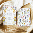 Load image into Gallery viewer, Elegant Save the Date card with boho floral design, including summer wildflowers in yellow, purple, and blue, perfect for garden wedding announcements.