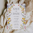 Load image into Gallery viewer, Elegant Save the Date card with boho floral design, including summer wildflowers in yellow, purple, and blue, perfect for garden wedding announcements.