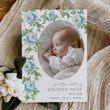 Load image into Gallery viewer, Elegant birth announcement card featuring dusty blue floral and sage green botanical designs in French blue and Charleston blue, ideal for sharing your new baby joy.