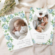 Load image into Gallery viewer, Elegant birth announcement card featuring dusty blue floral and sage green botanical designs in French blue and Charleston blue, ideal for sharing your new baby joy.