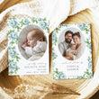 Load image into Gallery viewer, Elegant birth announcement card featuring dusty blue floral and sage green botanical designs in French blue and Charleston blue, ideal for sharing your new baby joy.