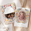 Load image into Gallery viewer, Boho floral birth announcement card for a new baby girl, featuring a flower wreath design and colorful wildflowers for spring and summer babies.
