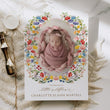 Load image into Gallery viewer, Boho floral birth announcement card for a new baby girl, featuring a flower wreath design and colorful wildflowers for spring and summer babies.