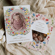 Load image into Gallery viewer, Boho floral birth announcement card for a new baby girl, featuring a flower wreath design and colorful wildflowers for spring and summer babies.