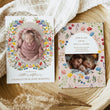 Load image into Gallery viewer, Boho floral birth announcement card for a new baby girl, featuring a flower wreath design and colorful wildflowers for spring and summer babies.