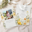 Load image into Gallery viewer, Graduation party invitation with pastel yellow wildflowers and sage greenery, vintage botanical design for high school and college graduation garden party celebrations.