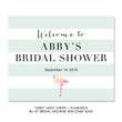 Load image into Gallery viewer, Mint and pink flamingo bridal shower invitation with stylish mint stripes and a cute flamingo design