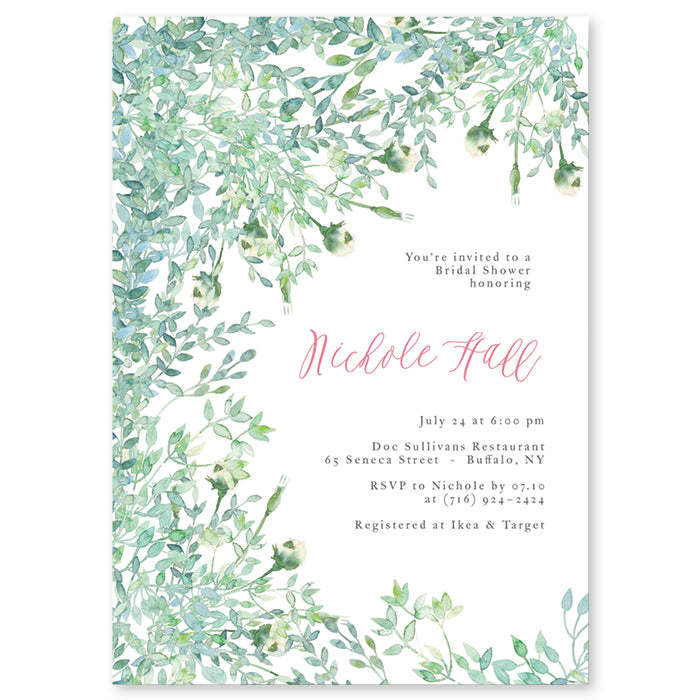 Whimsical greenery bridal shower invitations featuring watercolor vines and foliage, perfect for garden-themed bridal showers