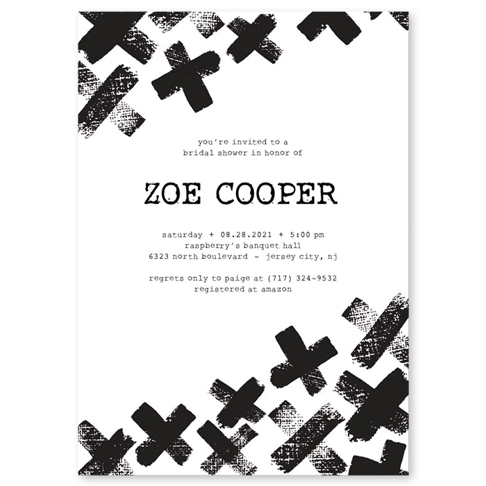 Chic and Edgy Black and White Bridal Shower Invitations with Monochrome Brush Pattern by Digibuddha