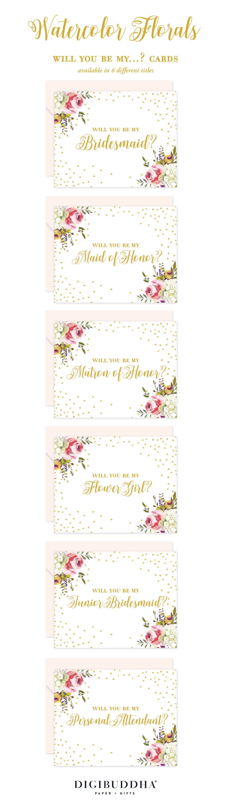 Watercolor Florals + Glitter Dots Will You Be My Bridesmaid? Card