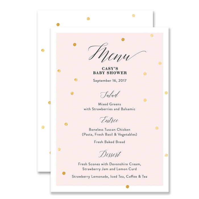 "Casy" Pink + Gold Foil Dots Baby Shower Menu