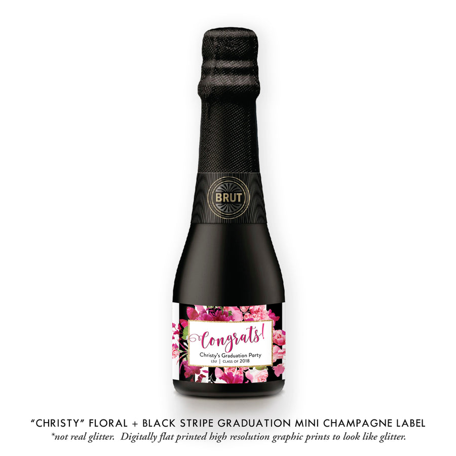 "Christy" Floral + Black Stripe Graduation Champagne Labels