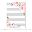 Load image into Gallery viewer, Elegant pink peonies and gray stripe bridal shower invitation with chic design and bright pink font.