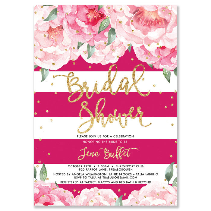 Elegant peonies and magenta stripe bridal shower invitation, featuring blush peonies and chic design.