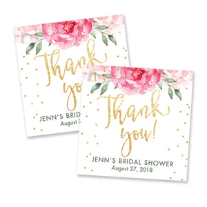 "Jenn" Pink Blooms + Gold Bridal Shower Favor Tags
