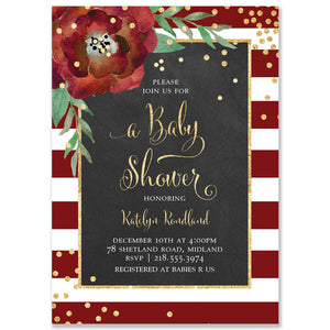 "Katelyn" Red + White Stripe Chalkboard Christmas Baby Shower Invitation