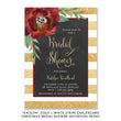 Load image into Gallery viewer, Elegant Gold and White Stripes + Chalkboard Bridal Shower Invitation with a shimmer look, red blooms, and festive gold fonts.