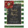 Load image into Gallery viewer, Green and White Stripe + Chalkboard Bridal Shower Invitation with festive gold dots, elegant gold fonts, and red flowers.