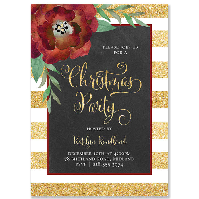 Gold Glitter Stripe Chalkboard Christmas Party Invitation - Katelyn