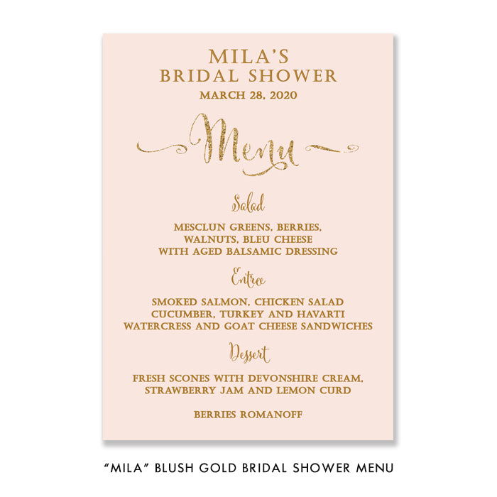 "Mila" Blush + Gold Glitter Bridal Shower Menu