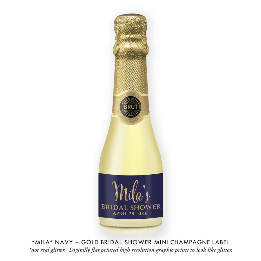 "Mila" Navy + Gold Bridal Shower Champagne Labels