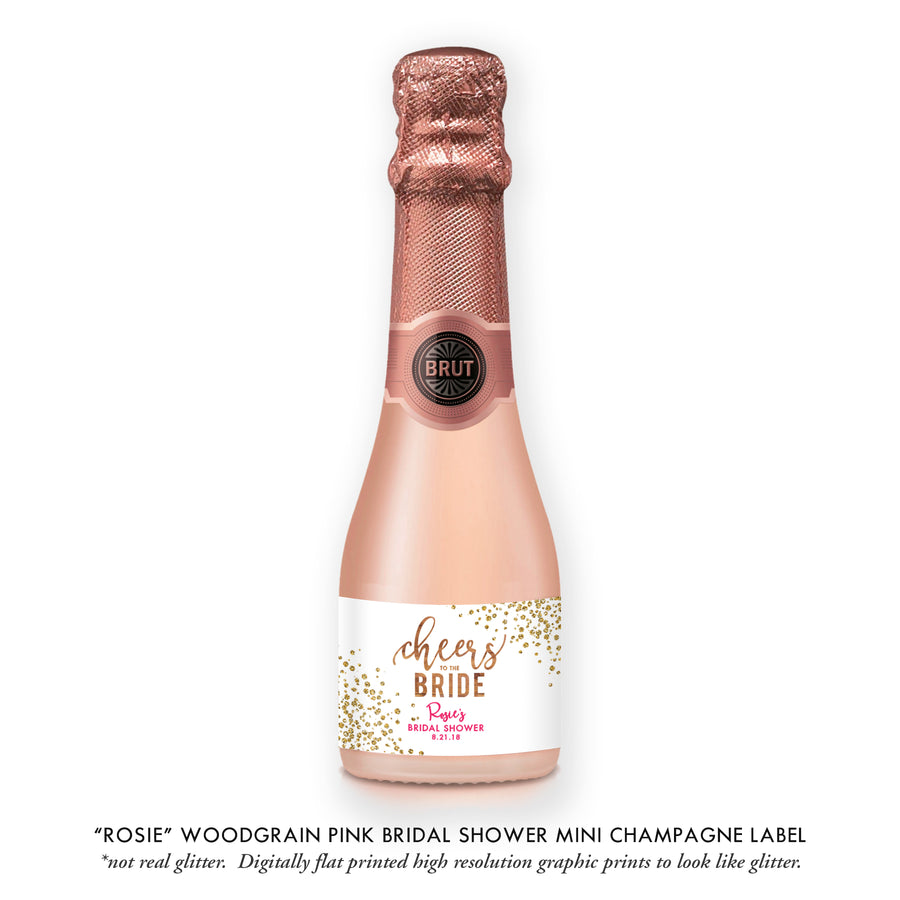 "Rosie" Woodgrain Pink Bridal Shower Champagne Labels