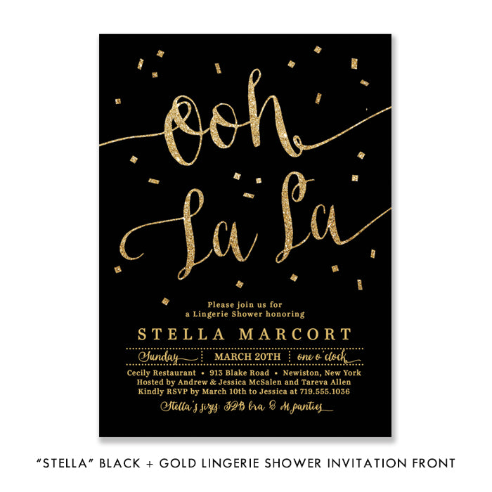 "Stella" Black + Gold Glitter Lingerie Shower Invitation