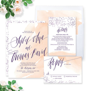 "Sybil" Peach Watercolor Wedding Invitation