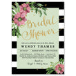 Load image into Gallery viewer, Elegant Black and Mint Floral Bridal Shower Invitation with pink flowers, gold dots, and black and white stripes.