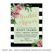 Load image into Gallery viewer, Elegant Black and Mint Floral Bridal Shower Invitation with pink flowers, gold dots, and black and white stripes.