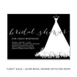 Load image into Gallery viewer, Chic gown black and silver bridal shower invitation with white wedding dress design and modern silver glitter accents.