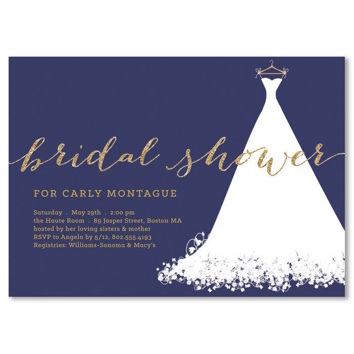 Elegant Wedding Dress Navy Bridal Shower Invitations with Chic White and Gold Accents by Digibuddha