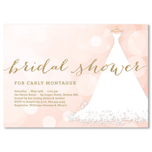 Elegant modern pink bokeh bridal shower invitation with a chic white wedding dress design and pink and gold accents.