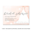 Load image into Gallery viewer, Chic pink and silver bridal shower invitation with a white wedding dress design, blush tones, and a silver glitter look.