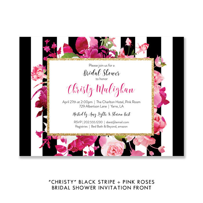 Magenta floral black striped bridal shower invitation featuring pink flowers, elegant gold frame and black and white stripes