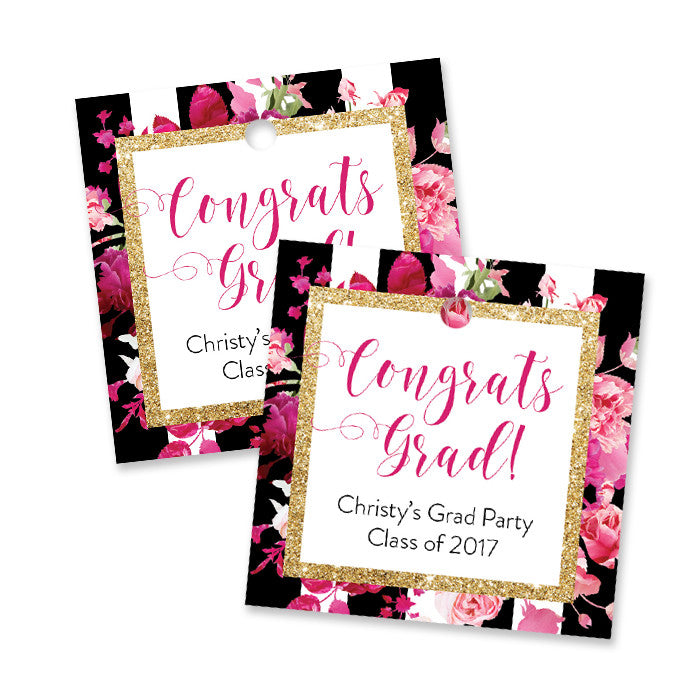 "Christy" Stripe + Pink Roses Graduation Favor Tags