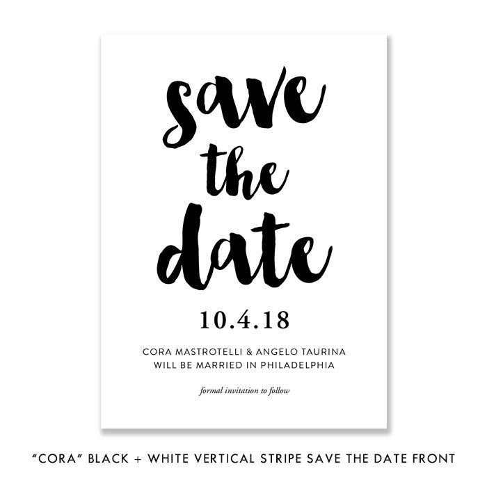 "Cora" Black + White Vertical Stripe Save The Date Card