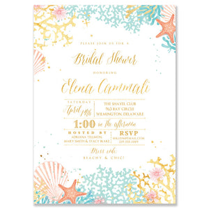Colorful Beach Wedding Bridal Shower Invitations with Blue, Coral, and Pink Ocean Theme by Digibuddha
