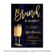 Load image into Gallery viewer, Elegant Navy and Gold Brunch & Bubbly Bridal Shower Invitation with an elegant navy backdrop and golden champagne glasses.