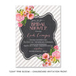 Load image into Gallery viewer, Elegant Pink Bloom and Chalkboard Bridal Shower Invitation with flowy pink fonts and grey striped background.