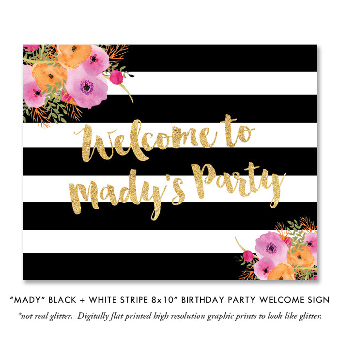 "Mady" Black + White Stripe Kids Birthday Party Invitation