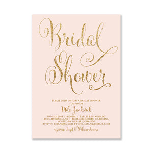 Modern Blush Pink and Gold Script Bridal Shower Invitation, with a chic design with gold script on a blush pink background.