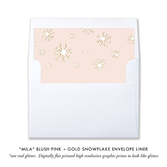 "Mila" Blush + Gold Glitter Snowflakes Baby Shower Invitation