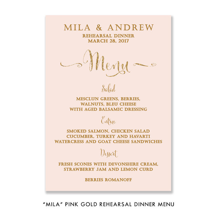 Blush pink + gold glitter "Mila" rehearsal dinner menu | digibuddha.com
