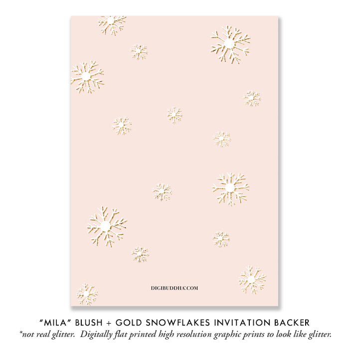 "Mila" Blush + Gold Glitter Snowflakes Baby Shower Invitation