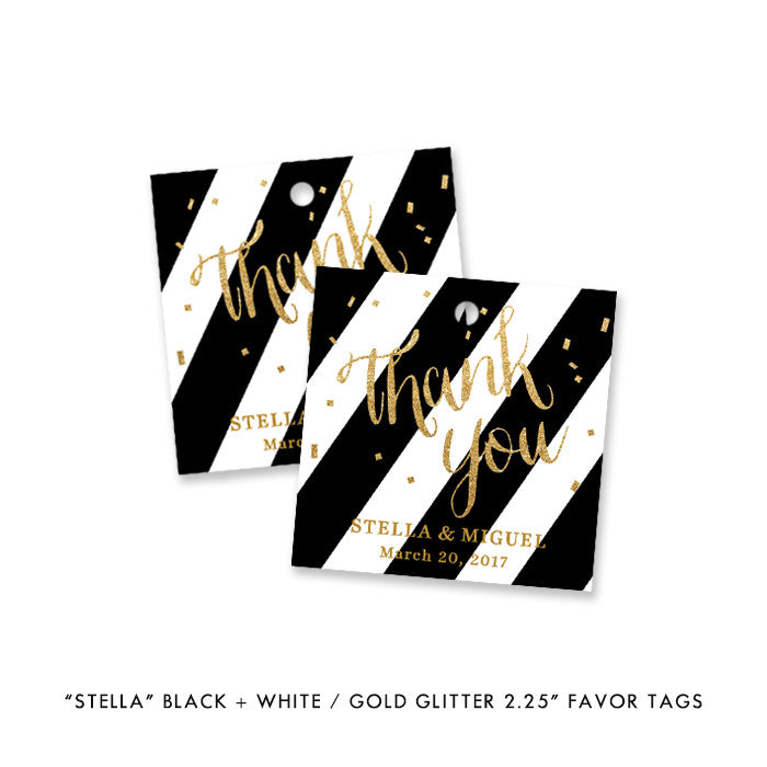 Black + white striped gold glitter "Stella" engagement party favor tags | digibuddha.com
