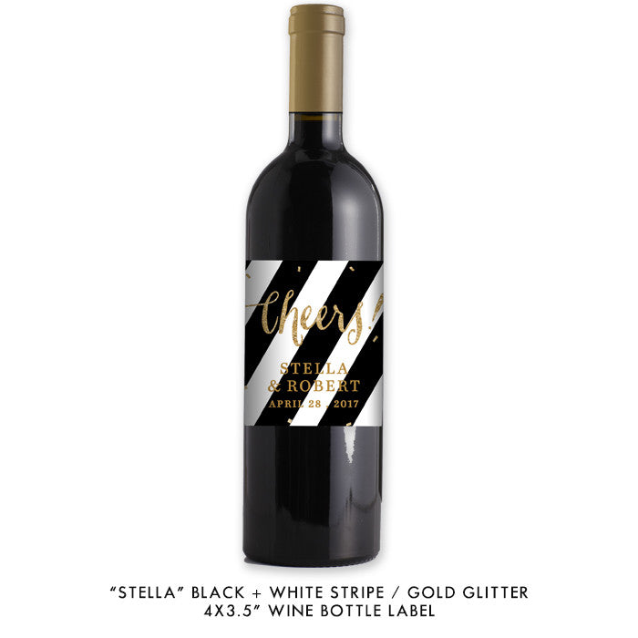 Black + white striped gold glitter "Stella" engagement party waterproof wine label | digibuddha.com