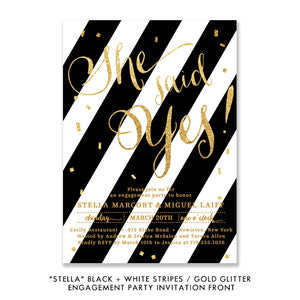 Black + White striped gold glitter "Stella" She said yes! Engagement party invitation | digibuddha.com
