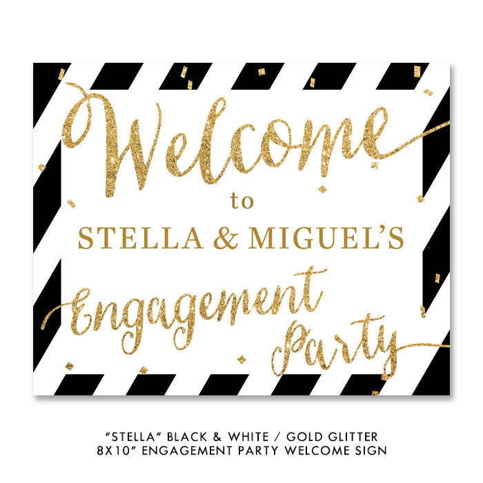 Black + white striped gold glitter "Stella" engagement party welcome sign | digibuddha.com